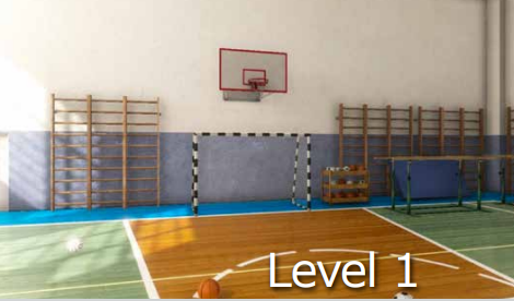 A basketball court with ladders and a basketball hoop

Description automatically generated